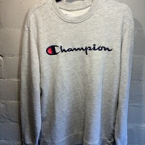 Champion Crewneck Sweatshirt Men's Large Heather Gray Sewn Logo Fleece Pullover